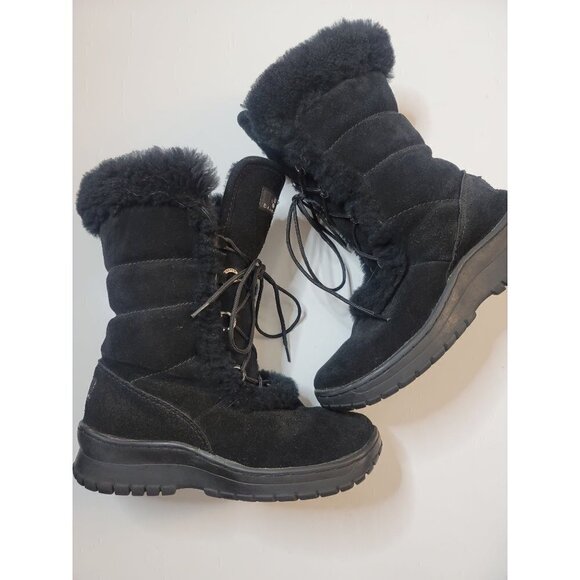 BearPaw Shoes - Bearpaw Black Suede/Sheepskin Wool Boots Womens Winter Mid Calf Lace Up SZ 7